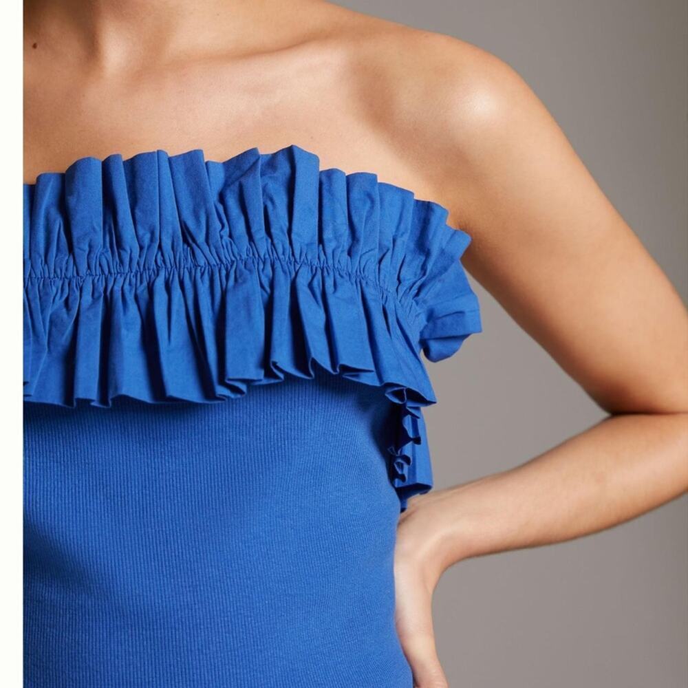Anthropologie Maeve Poplin Ruffle Blue Tube Top - Picture 2 of 11